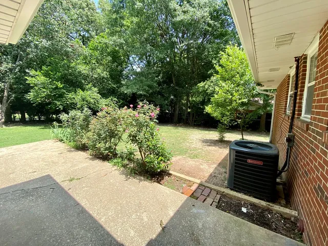 a view of backyard with potted plants and a fountain