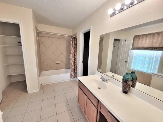 a bathroom with a tub sink and mirror