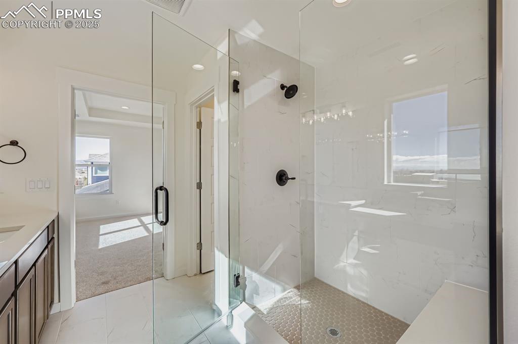 7989 Polson Drive Colorado Springs, CO 80908 - Photo 15 of 28 Bathroom with vanity, a marble finish shower, light colored carpet, and recessed lighting