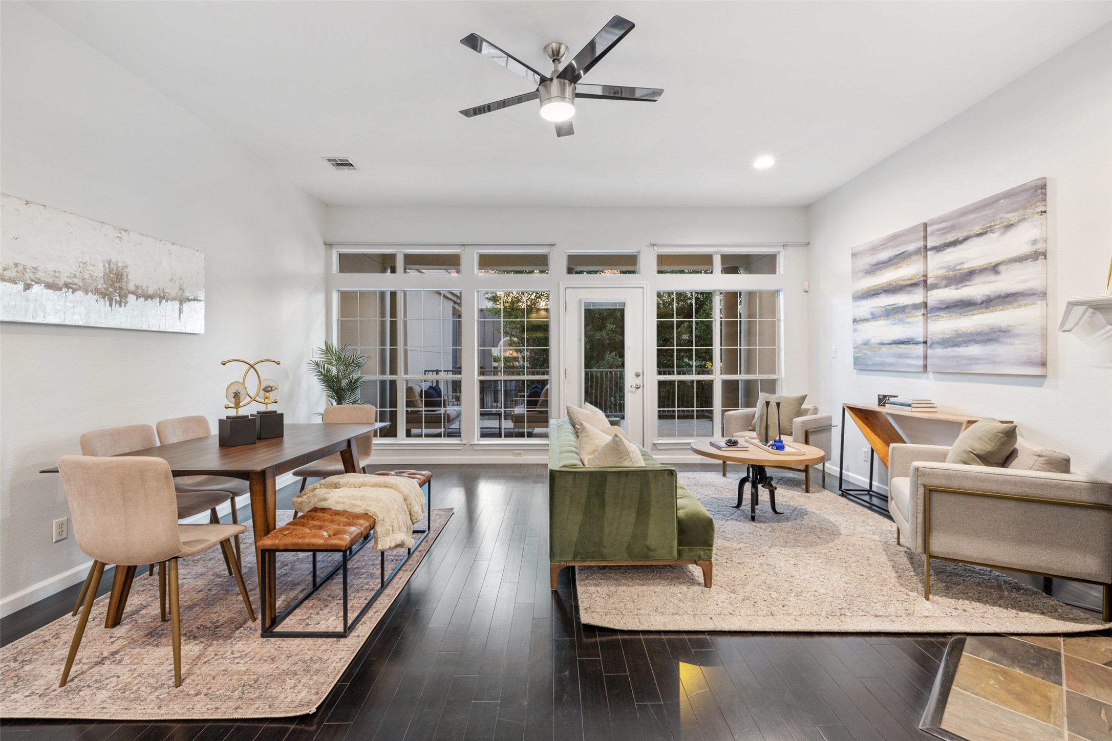 2918 Ranch To Market Road 620, Unit O282 Austin, TX 78734 - Photo 8 of 40 Living area with recessed lighting, visible vents, a ceiling fan, baseboards, and dark wood-style flooring