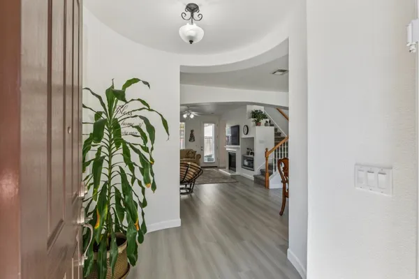 a view of a hallway with potted plants