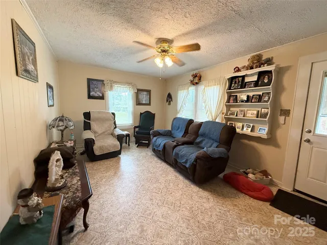 a living room with furniture ceiling fan and a rug