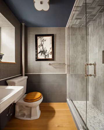 a bathroom with a toilet and a shower