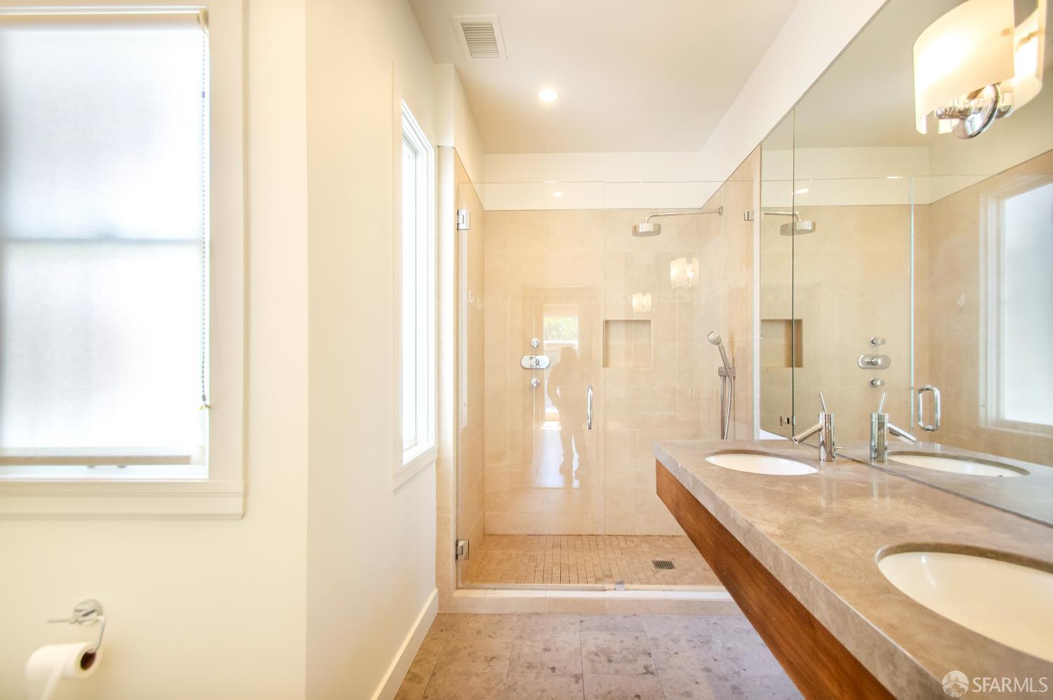 2740 Union Street San Francisco, CA 94123 - Photo 77 of 87 a bathroom with a granite countertop sink a mirror and a shower