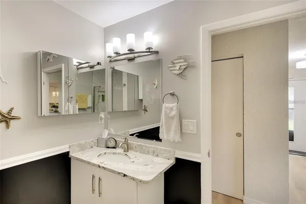 a bathroom with a sink vanity and a mirror