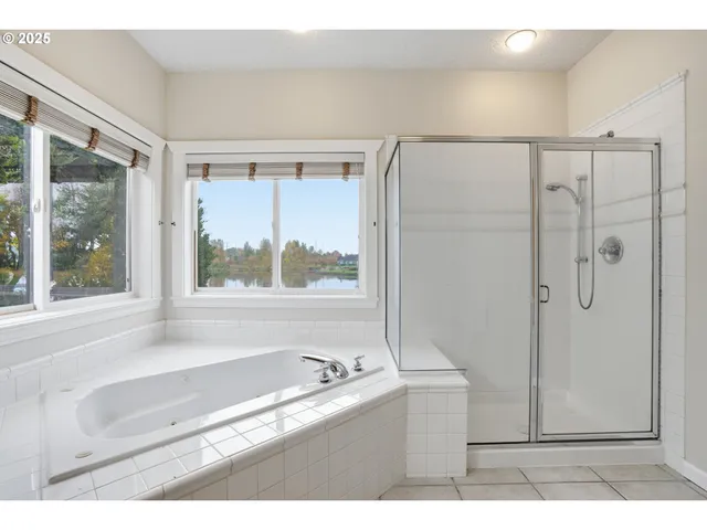 a bathroom with a bathtub and a shower