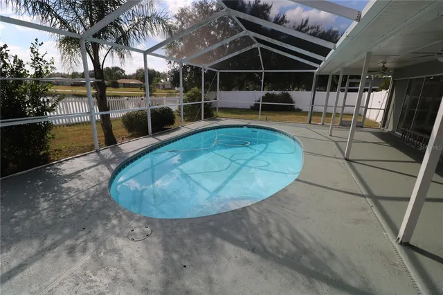 an outdoor view with a swimming pool