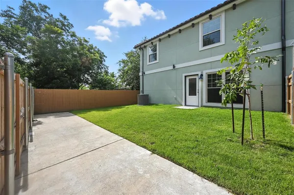 a backyard of a house with plants and large tree