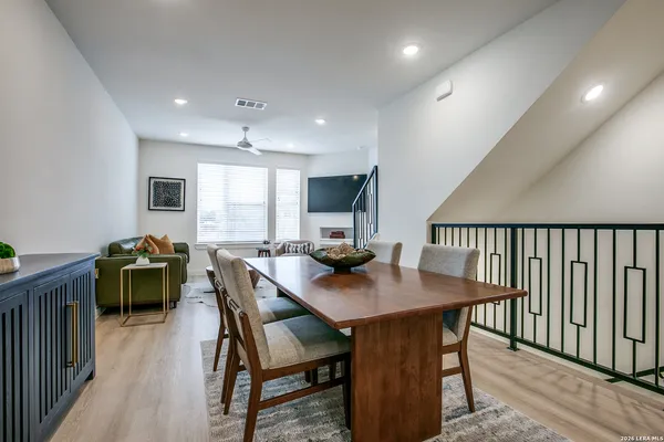 a view of a dining room with furniture