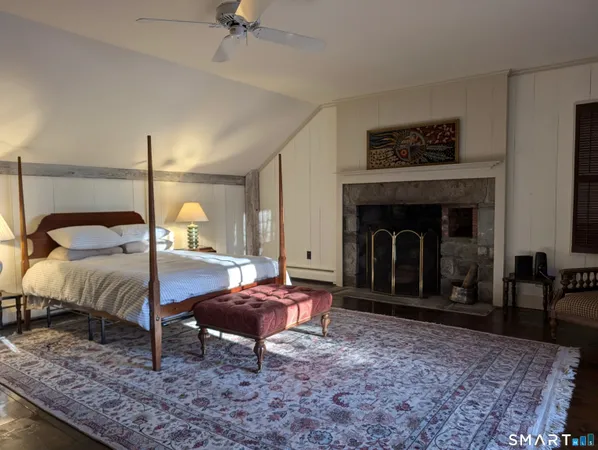 a bed room with a bed and a fireplace