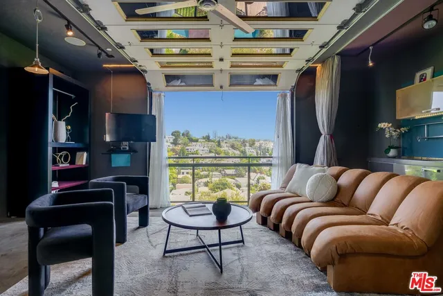 a living room with furniture a rug and a potted plant