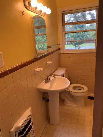 a bathroom with a sink a toilet and a mirror