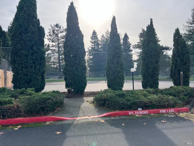 a view of a building with a street