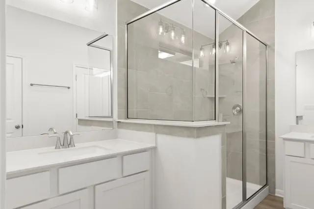 a bathroom with a shower sink and mirror