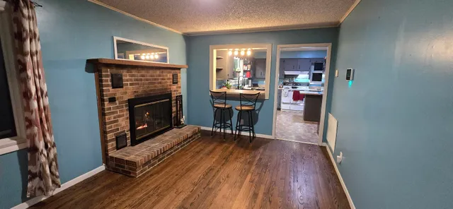 a view of a livingroom with furniture and a fireplace