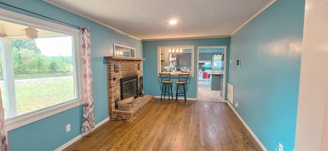 a view of a livingroom with furniture hardwood floor and a fireplace