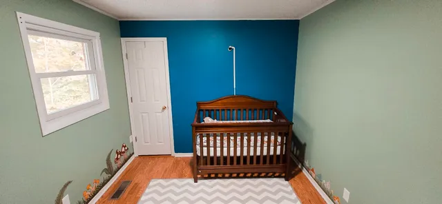 a view of a room with windows