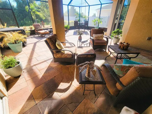 a building outdoor space with patio furniture