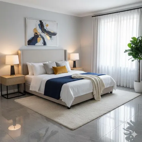 a bedroom with a bed and a painting on the wall