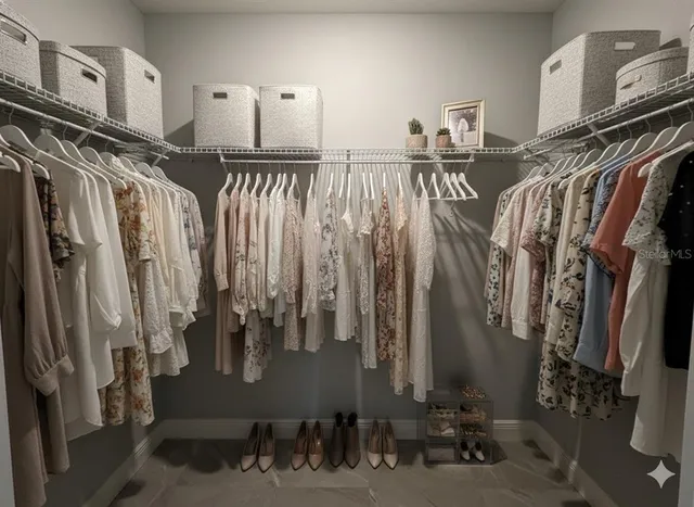 a view of walk in closet with clothes and shoes