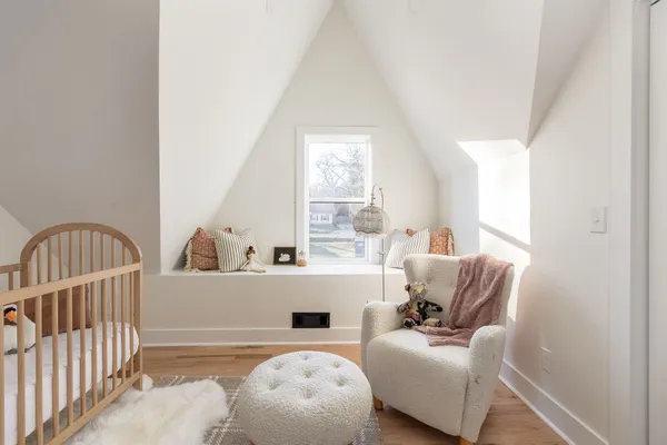 a view of a livingroom with wooden floor