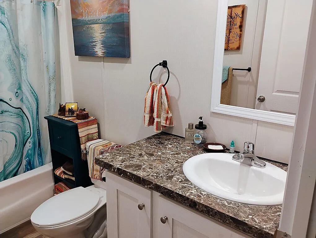 650 Satellite Road Graceville, FL 32440 - Photo 15 of 23 a bathroom with a granite countertop sink and a mirror