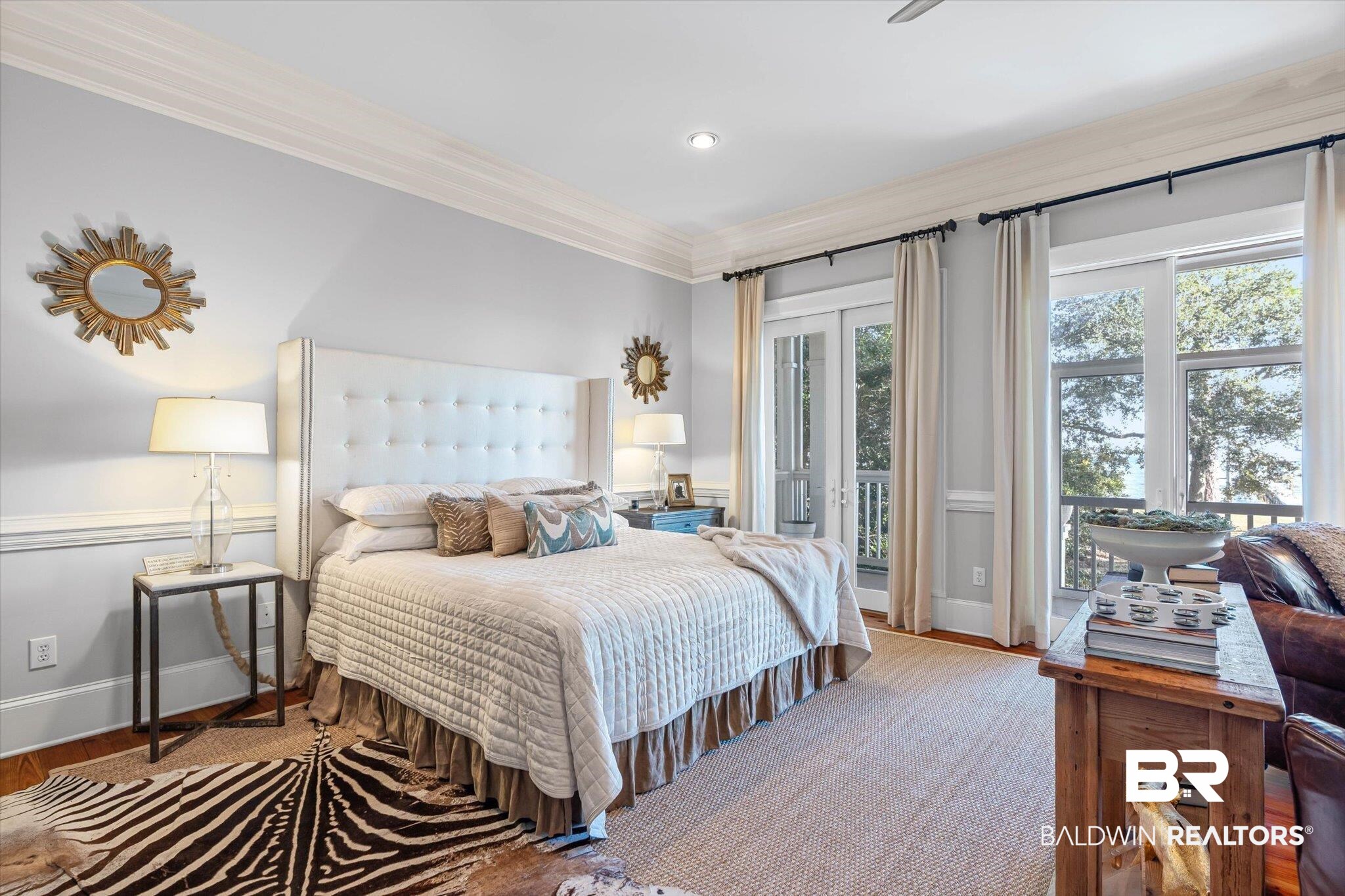 7015 Bay Road Mobile, AL 36605 - Photo 19 of 53 Bedroom with crown molding, wood finished floors, access to outside, ceiling fan, and recessed lighting