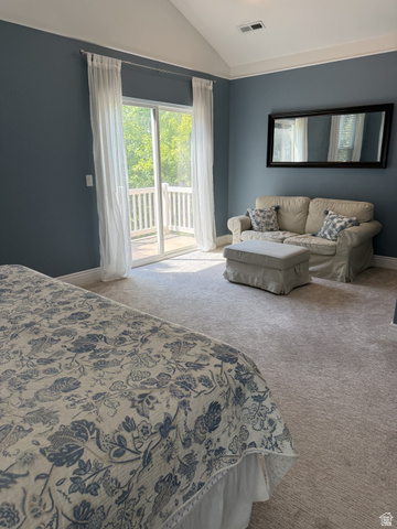2388 East 850 South Springville, UT 84663 - Photo 25 of 58 Vaulted ceiling, sliding glass door, white railing balcony, and light-tone carpeting