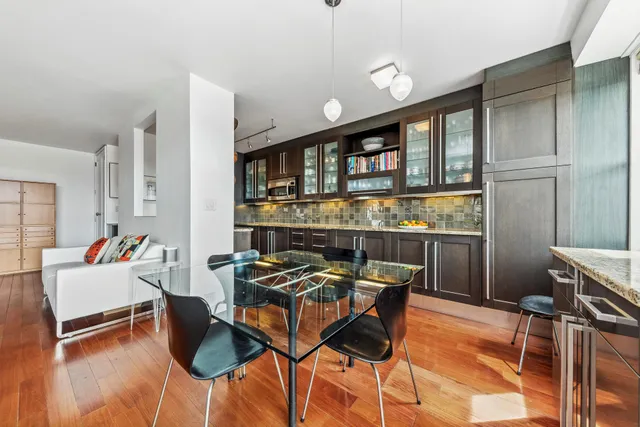 a view of a dining room with furniture