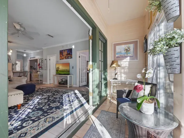 a living room with furniture and a potted plant
