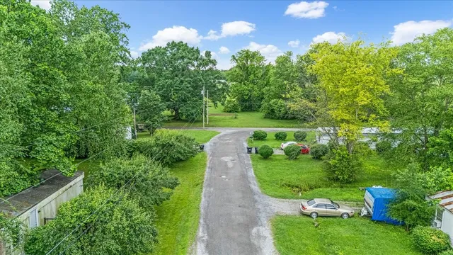a view of a city with lush green forest