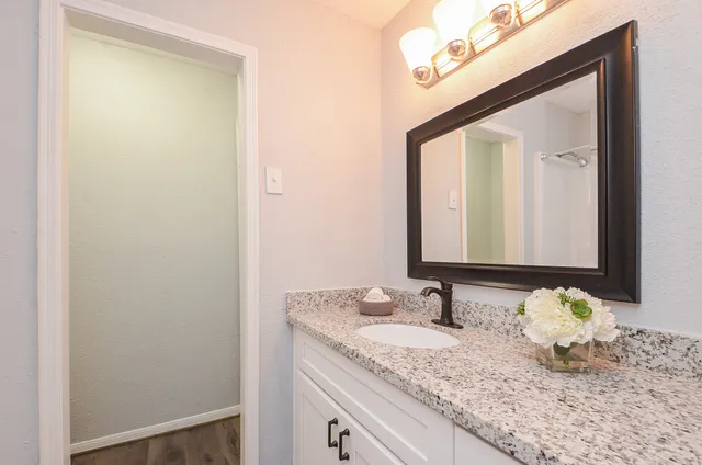 a bathroom with a granite countertop sink and a mirror