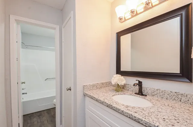a bathroom with a granite countertop sink and a mirror