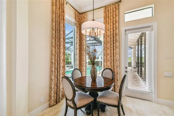 a view of a dining room with furniture window and outside view