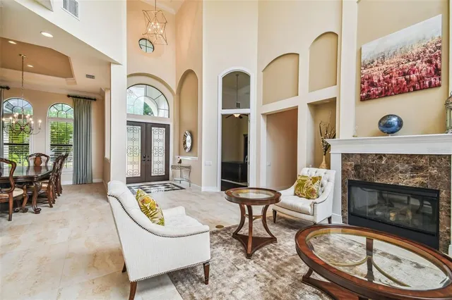 a view of a dining room with furniture window and outside view