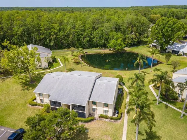 an aerial view of a house with swimming pool garden and patio