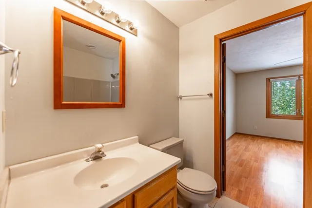a bathroom with a sink a toilet and a mirror