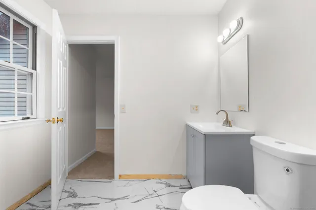 a bathroom with a toilet a sink and mirror