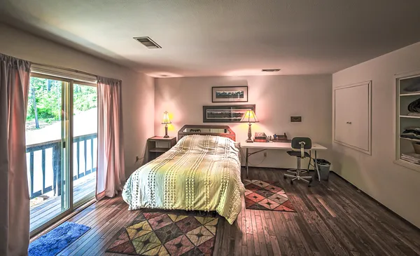 a view of a building with sitting area