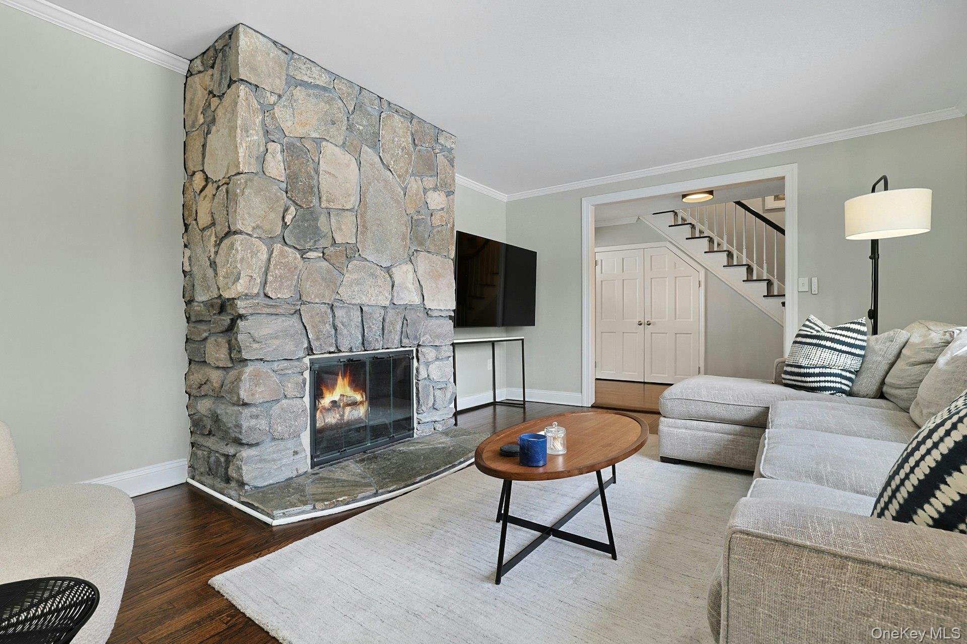 8 Old Roaring Brook Road Mount Kisco, NY 10549 - Photo 27 of 47 a living room with furniture a fireplace and a flat screen tv
