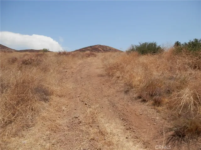a view of a dry yard with mountains in the background