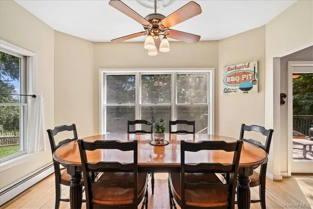 a view of a dining room with furniture window and outside view