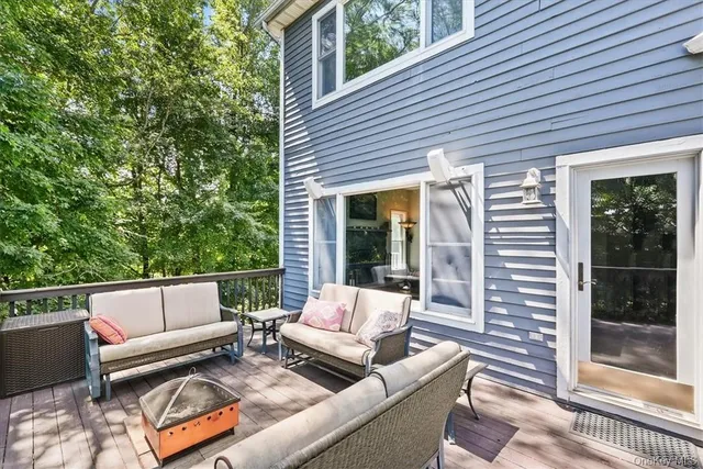 a view of a patio with couches and a potted plant on a wooden floor
