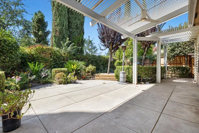 a view of a backyard with couches plants and large tree