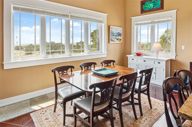 a view of a dining room with furniture and window