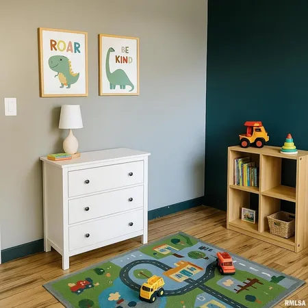 a room with toys and dresser