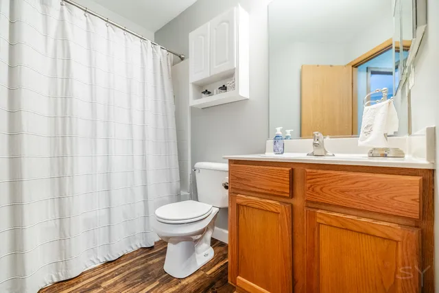 a bathroom with a sink toilet and shower