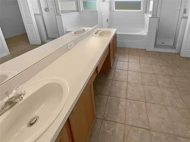 a bathroom with a tub sink and mirror