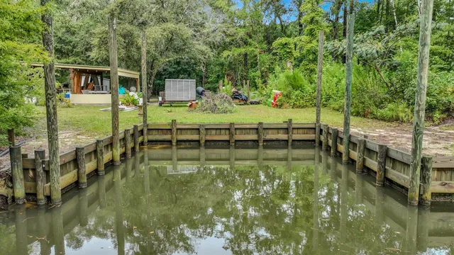 a view of a garden with an ocean