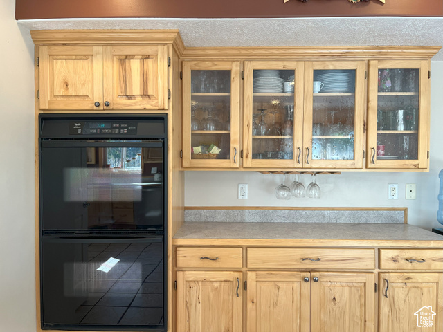 750 South Big Road Soda Springs, ID 83276 - Photo 24 of 40 Built-in double wall oven, wood cabinetry with glass-front uppers, and a light-toned countertop